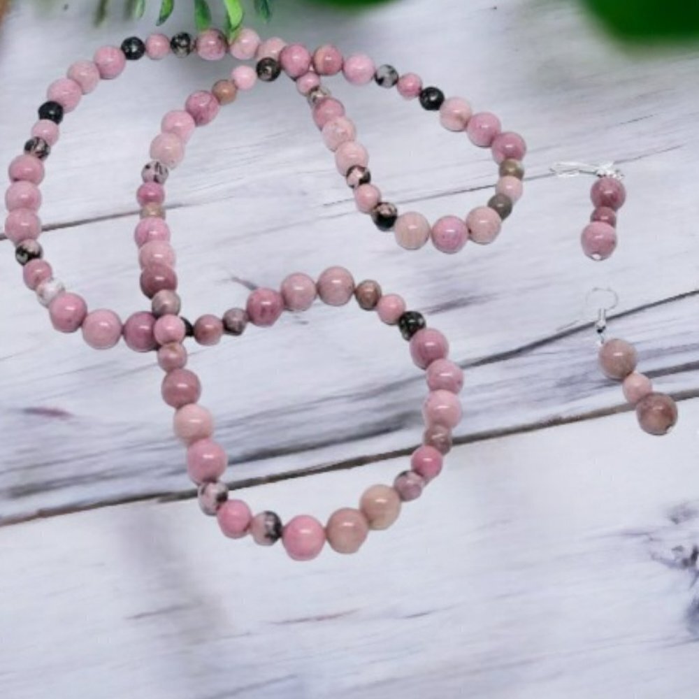 Pink Red Rhodochrosite Stone Beaded Necklace and Earrings - Handmade‎